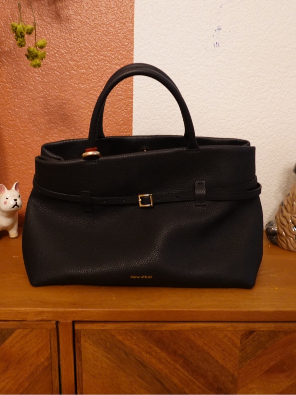MANU ATELIER le cambon 35 Black Pebbled Leather Buckled Tote Bag